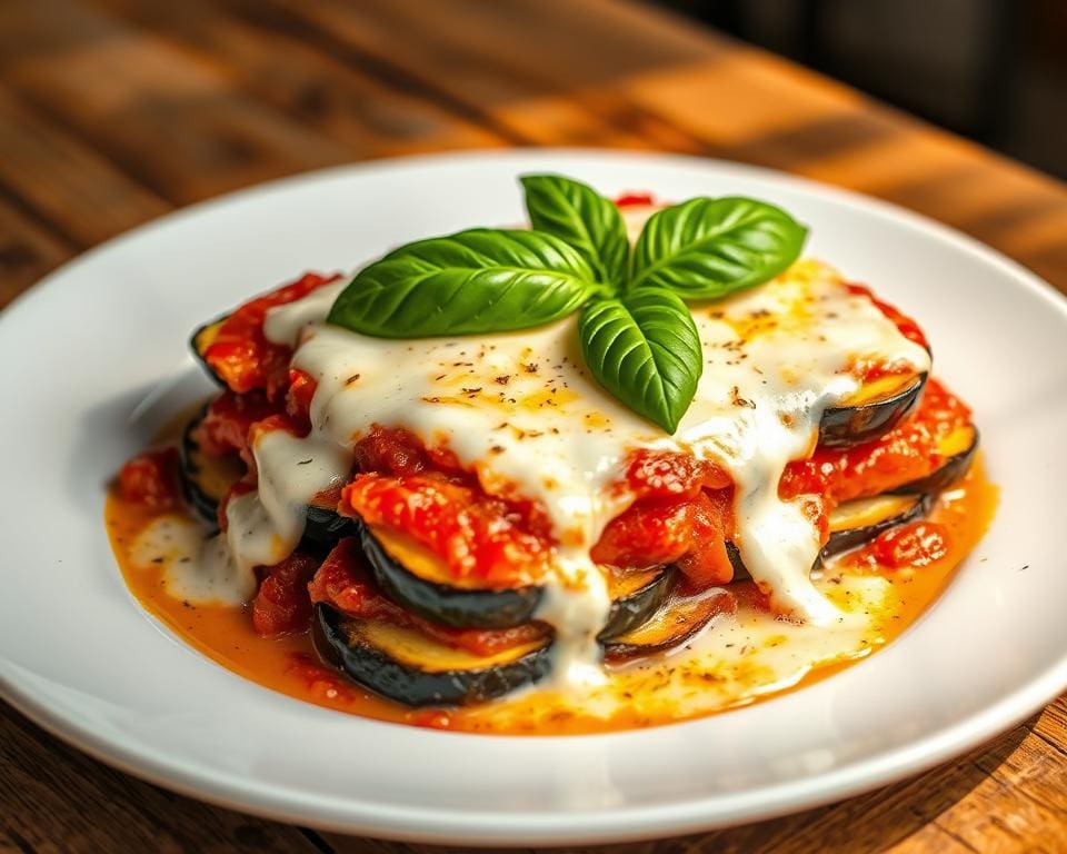 Aubergine parmigiana met een romige kaassaus