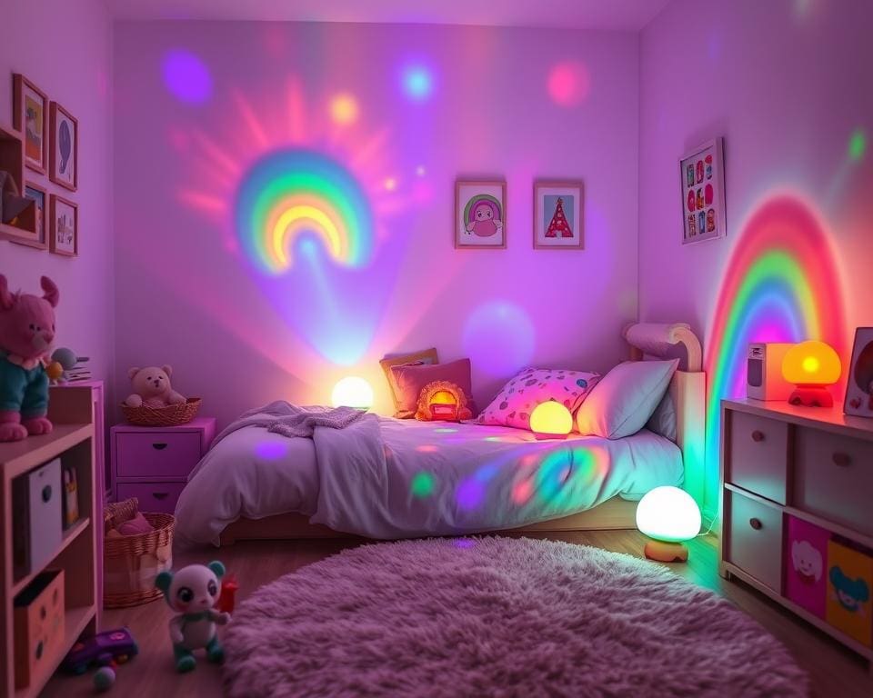 Kinderlampen met een vrolijke regenboogprojectie