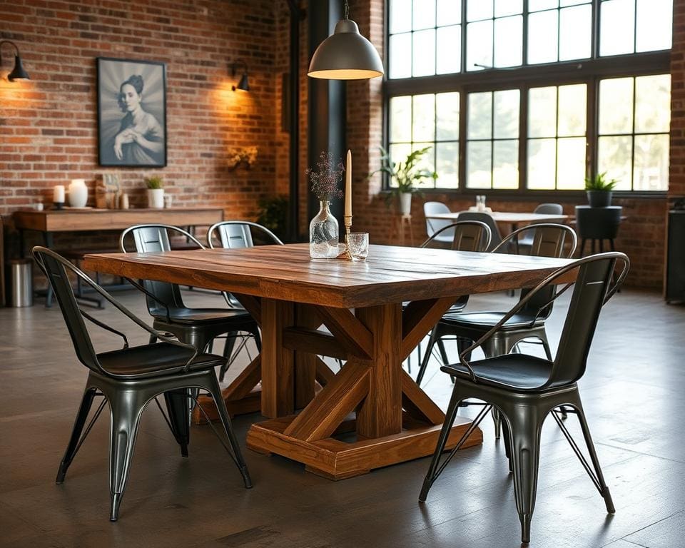 houten eettafel in industrieel interieur